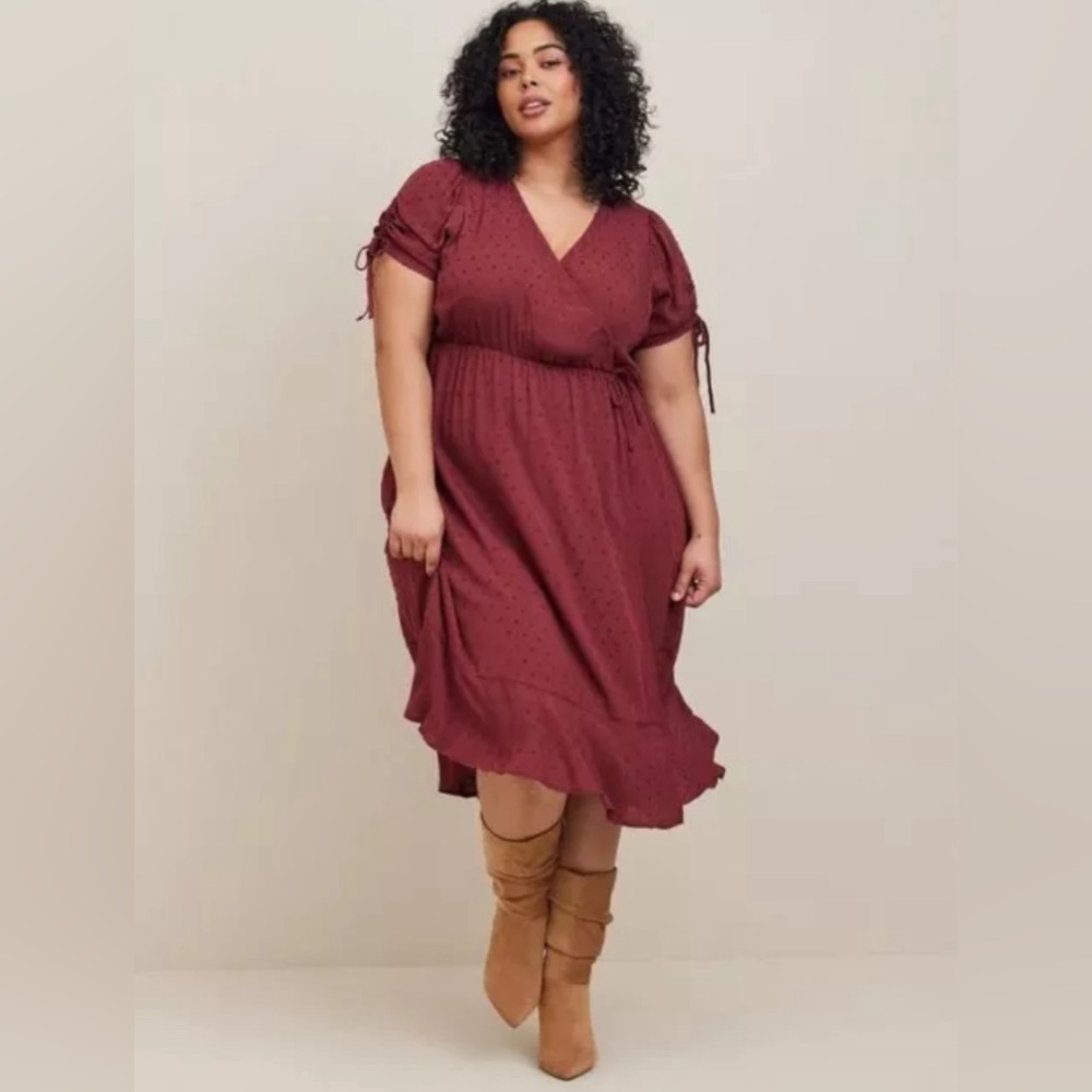 Torrid Midi Swiss Linen Surplice Dress Faux Wrap Burgundy 0 / Large / 12